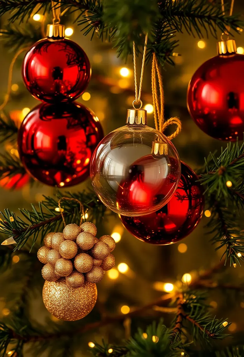 Close-up of Christmas tree branches with large glass ornaments placed deep inside branches and smaller ornaments clustered near the tips