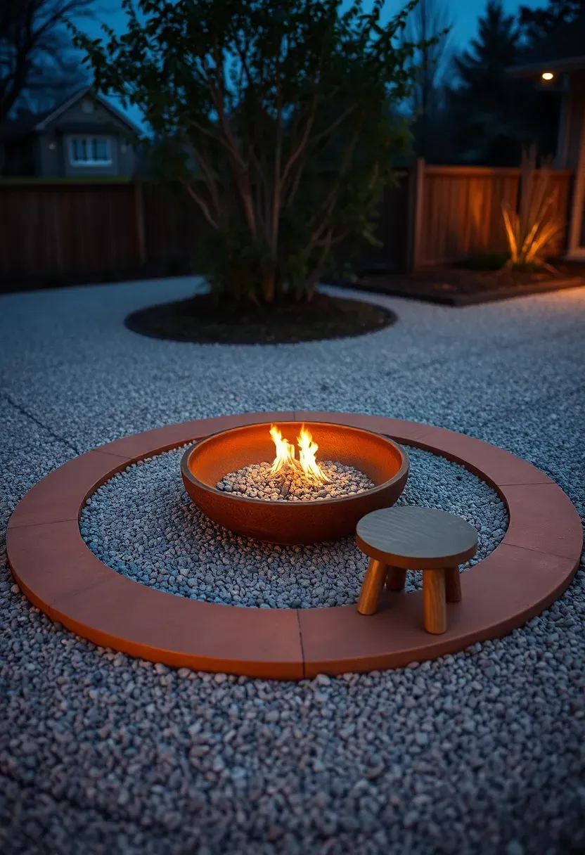 Circular tinted concrete border ring in a warm brown tone surrounding a corten steel fire bowl with gravel fill and low seating nearby at evening