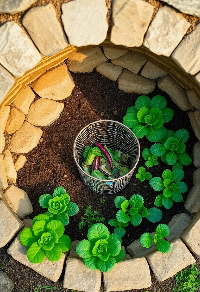 Circular keyhole garden bed built from stacked stone with a central composting basket and vegetables growing around it