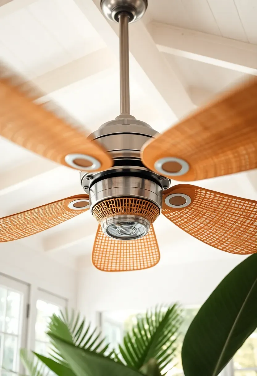 Rattan-covered ceiling fan with wide woven blade covers spinning slowly in a bright sunroom with exposed white-painted beam ceiling and tropical plants below