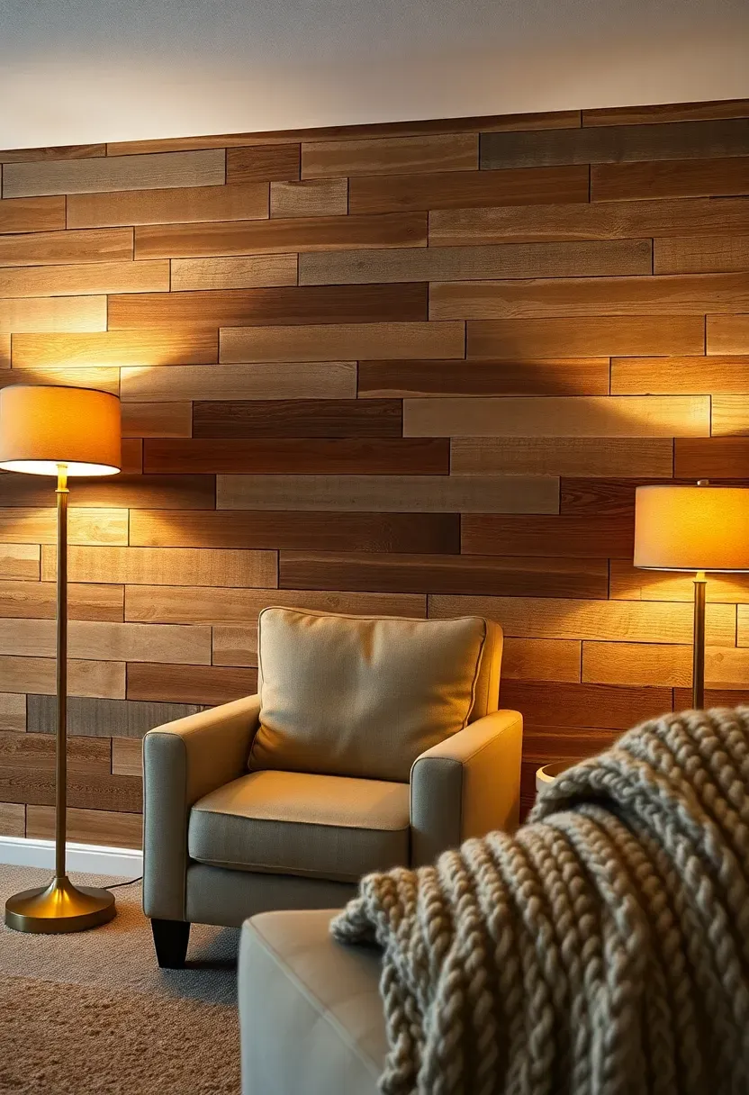 Reclaimed barn wood plank accent wall with mixed weathered tones in a cozy basement den with warm floor lamps