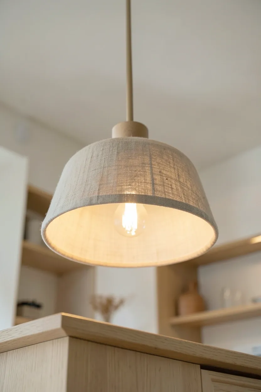 Japandi kitchen textured backsplash with hand-molded white subway tiles above a clean quartz countertop
