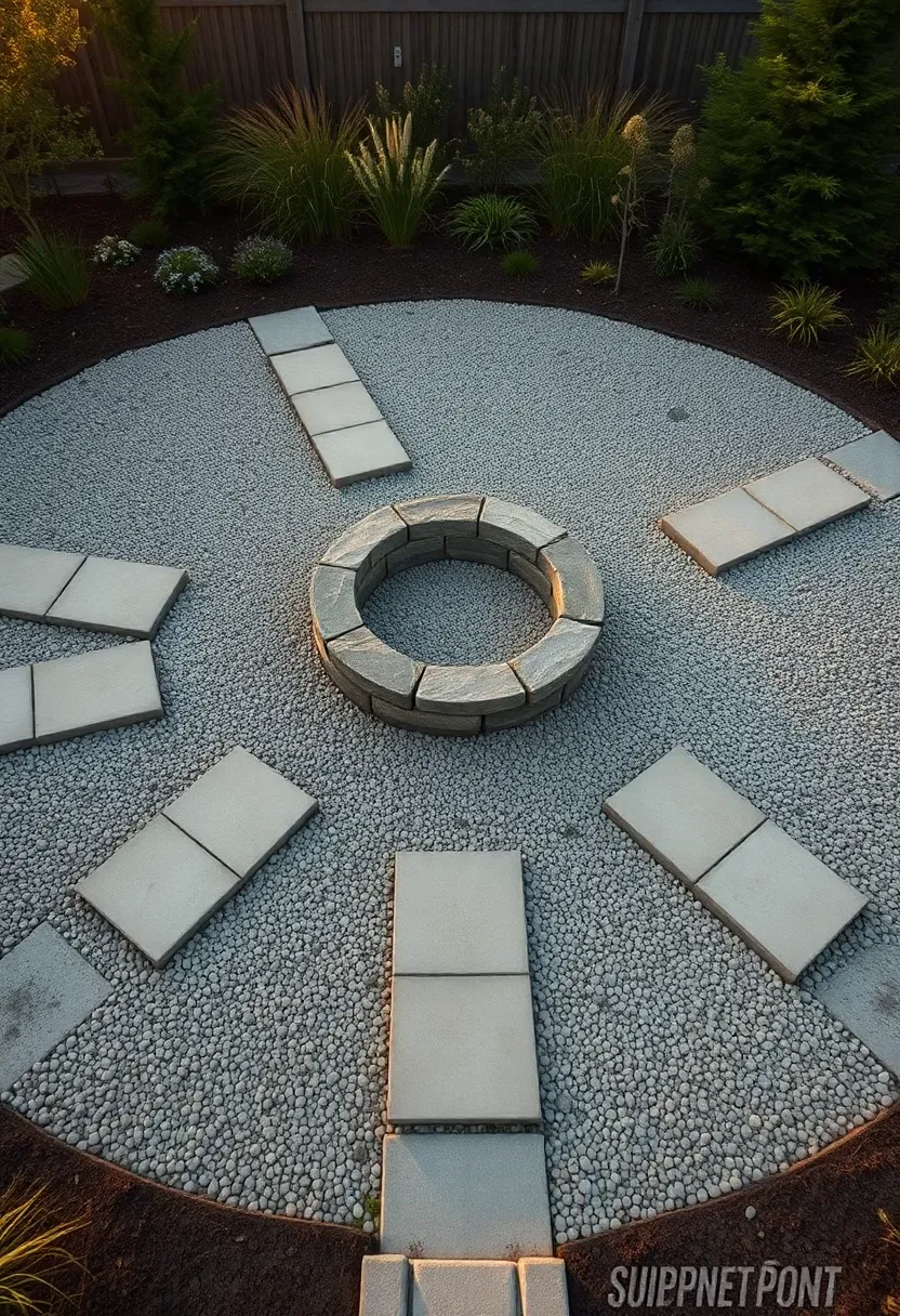 Circular fire pit area in crushed gravel with four straight flagstone pathways radiating outward like spokes connecting to different areas of a landscaped backyard