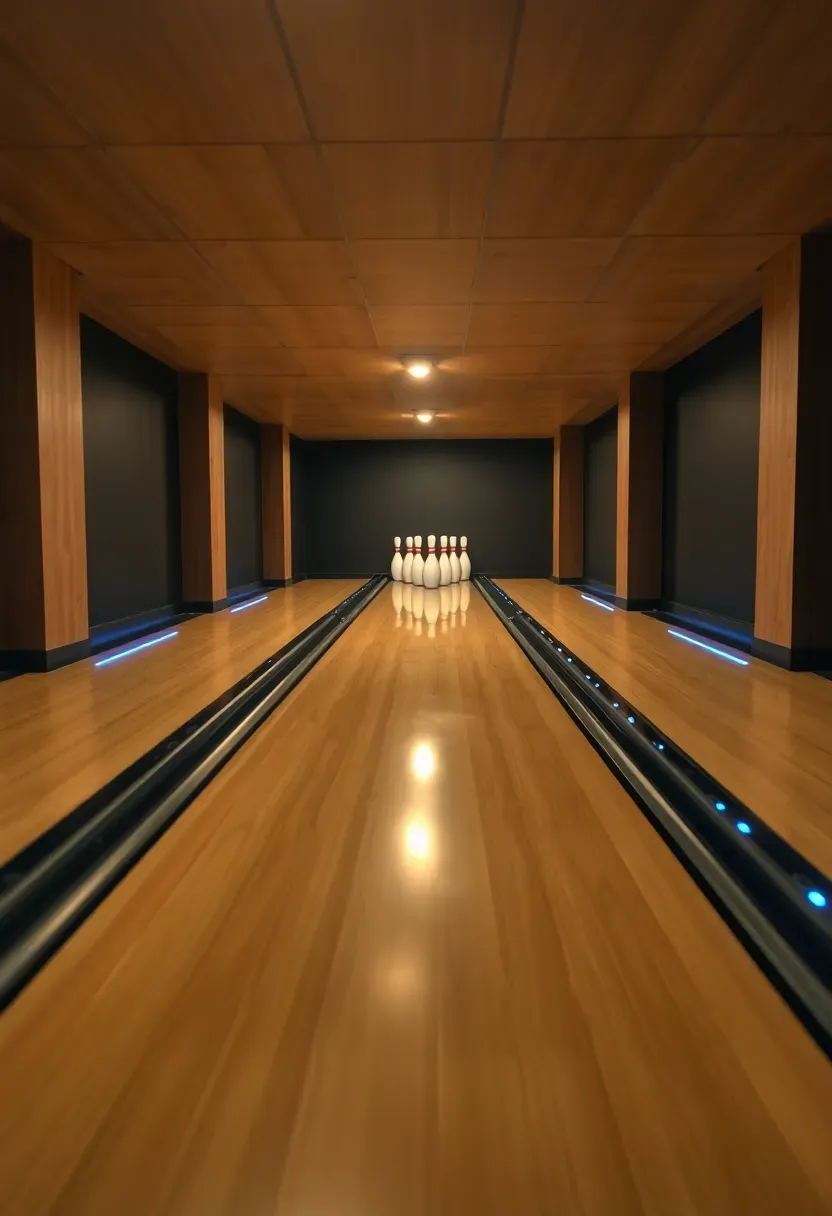 single-lane bowling alley built into a narrow basement with pin setter at the far end and polished wood lane