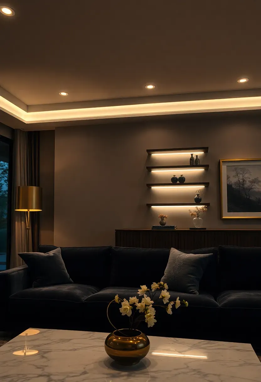 Hyper-realistic evening view of elegant living room with layered lighting. Materials: recessed ceiling lights providing ambient glow, brass floor lamp with dimmed warm light, LED strip under floating shelves, picture light above artwork. Charcoal velvet sofa, marble table with lamp accent. Multiple light sources creating sophisticated depth and ambiance.</p>
