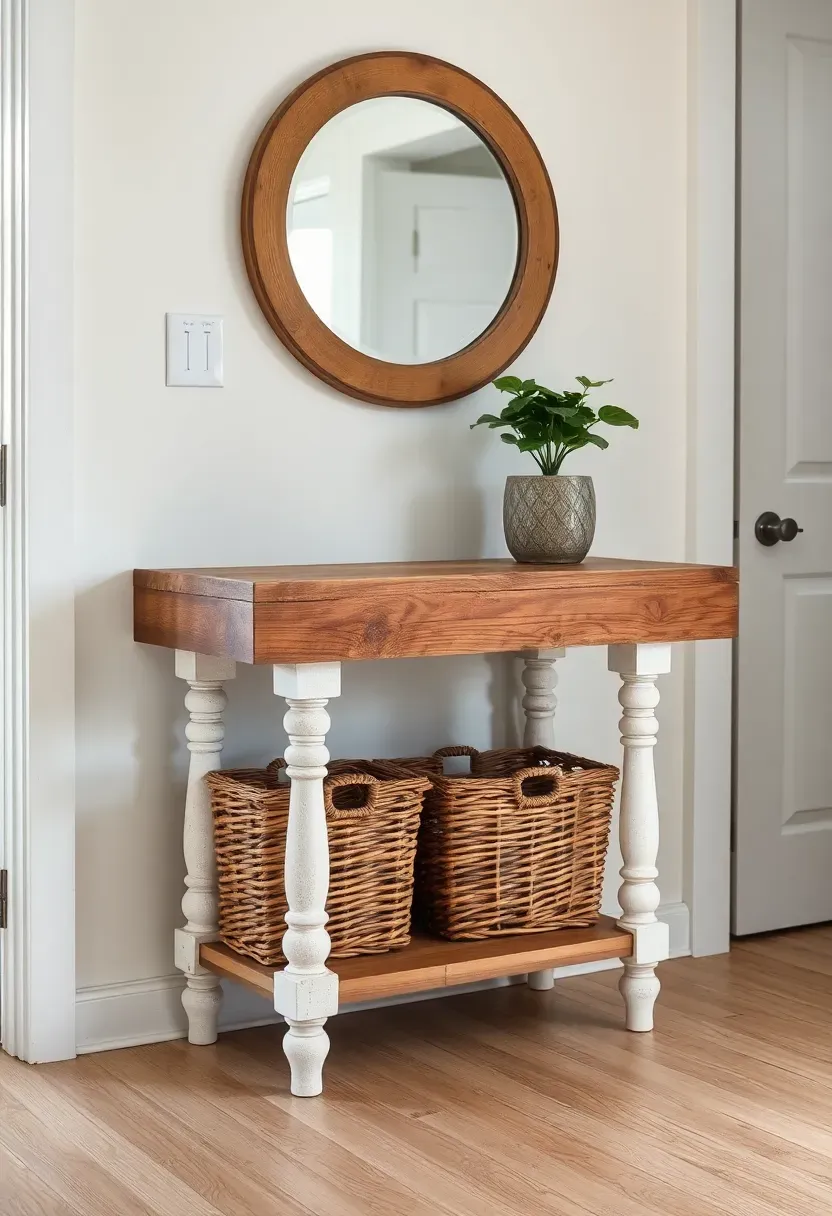 Reclaimed wood console table with chunky turned legs and a lower shelf holding wicker baskets in a bright entryway