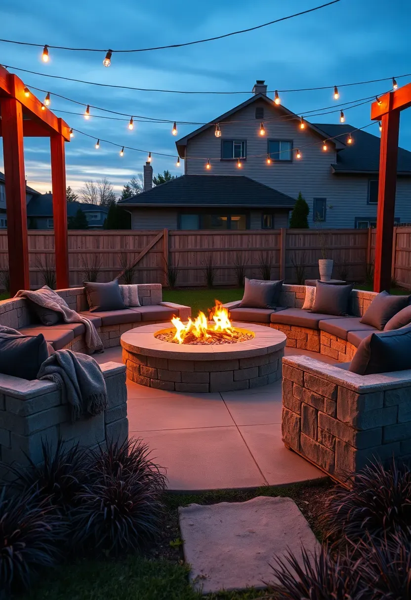 Modern backyard with a circular concrete fire pit surrounded by built-in stone seating, string lights overhead, and ornamental grass borders