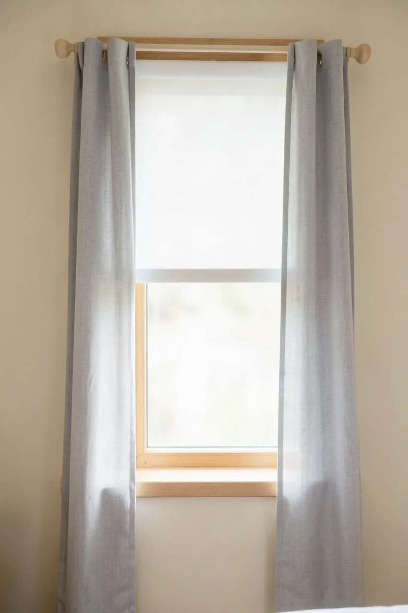 Minimalist white roller shades with sheer linen curtains on a bedroom window in a small japandi apartment