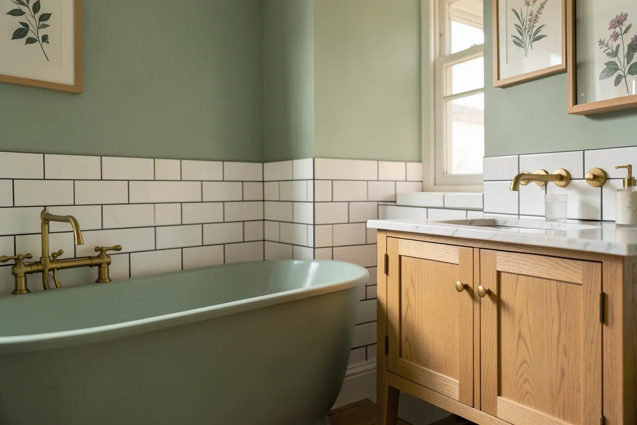 Collage of UK bathroom ideas on a budget including Victorian tiles, brass fixtures, and botanical prints in small British-inspired rental bathrooms