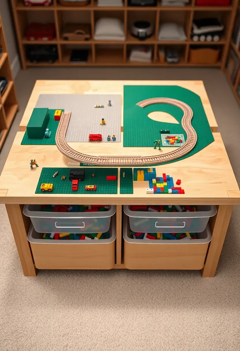dedicated LEGO and train table station in basement playroom with bins of sorted bricks