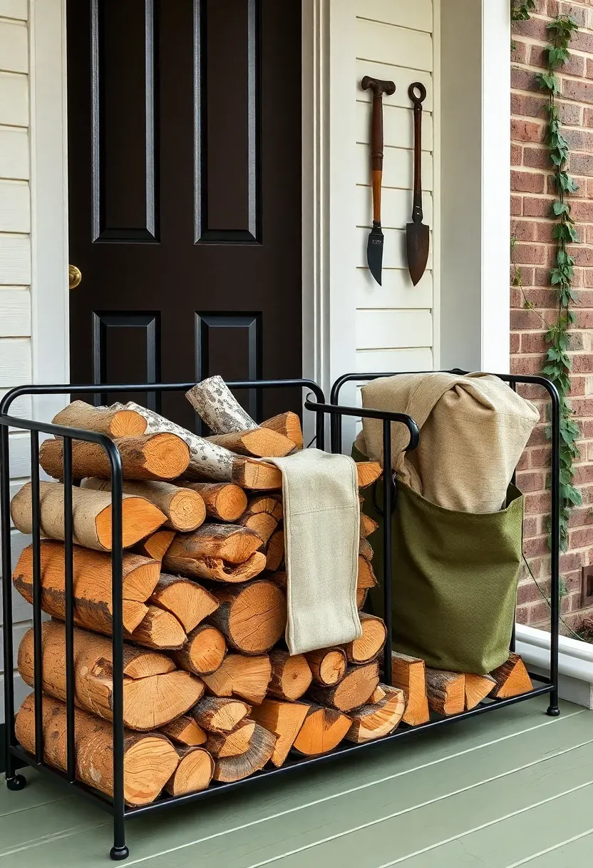 Hyper-realistic wide shot of a front porch corner with decorative firewood storage. A black metal log rack holds neatly stacked split firewood with appealing bark—mix of birch with white markings and oak with deep furrows. Beside the rack, a canvas log carrier is rolled neatly. A small cast iron hatchet hangs on the white clapboard wall above. A dark wood front door with brass hardware is visible. Porch has painted wood floors in sage green. Soft morning daylight. Visible brick facade with climbing ivy vine, dormant in winter. No text, no logos, no watermarks.</p>