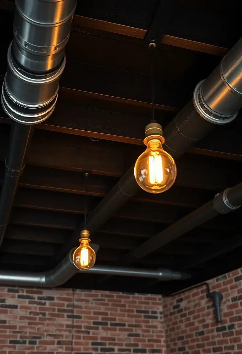 Basement with exposed joists and ductwork painted matte black, creating an industrial loft atmosphere with pendant lights
