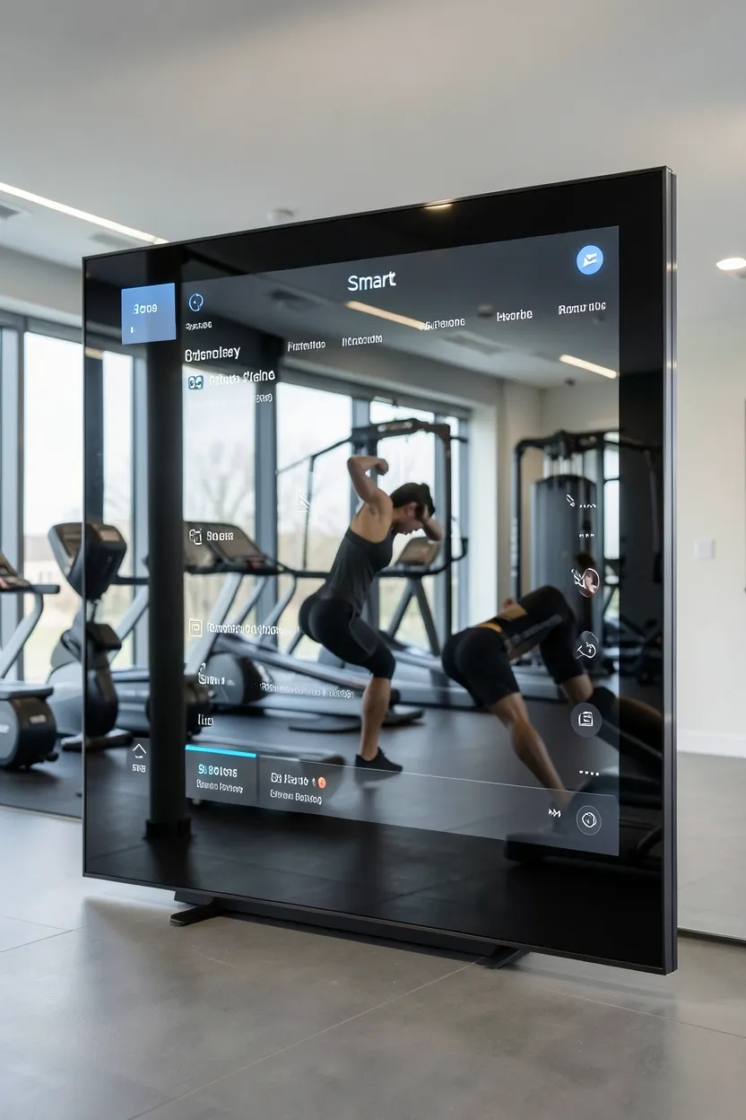 Smart mirror display mounted flush on a white wall in a minimalist home gym reflecting the workout space — interactive fitness technology for renters