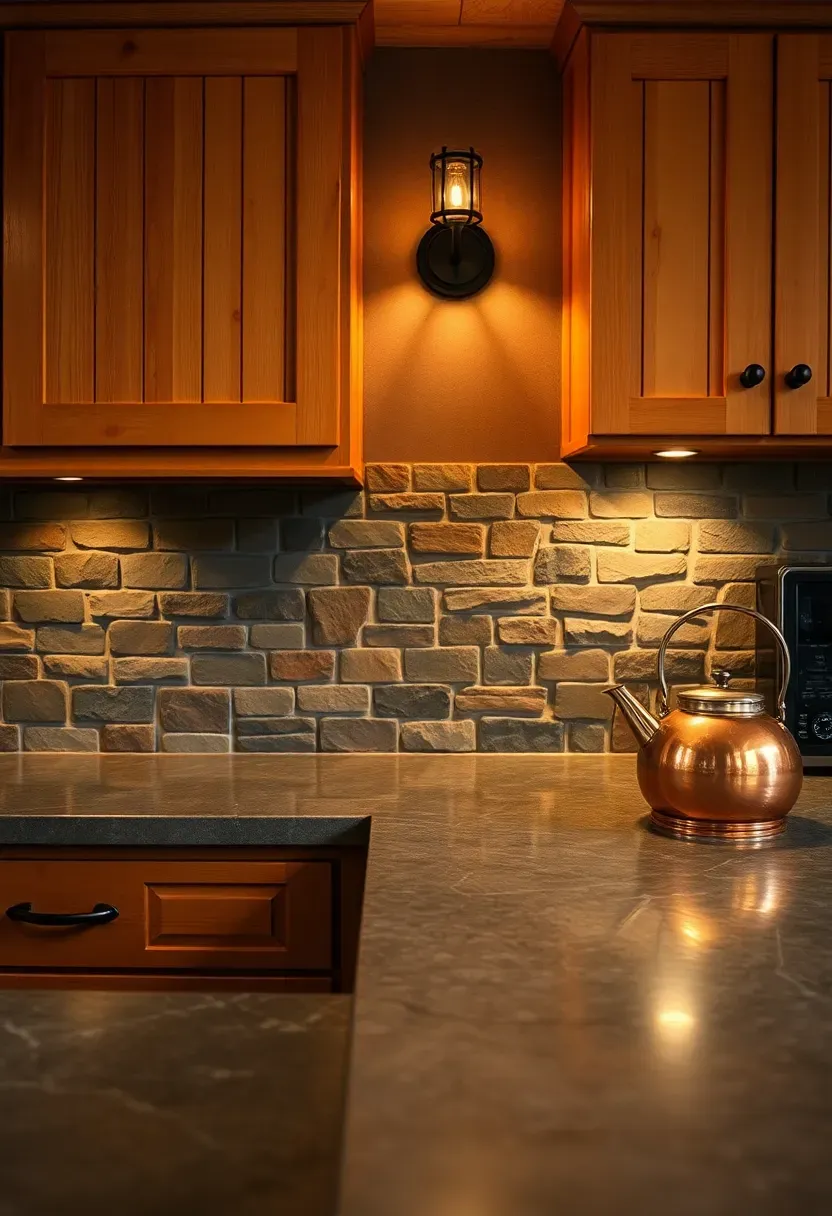 tumbled slate mosaic backsplash in mixed earth tones in a cabin-style kitchen with knotty pine cabinets