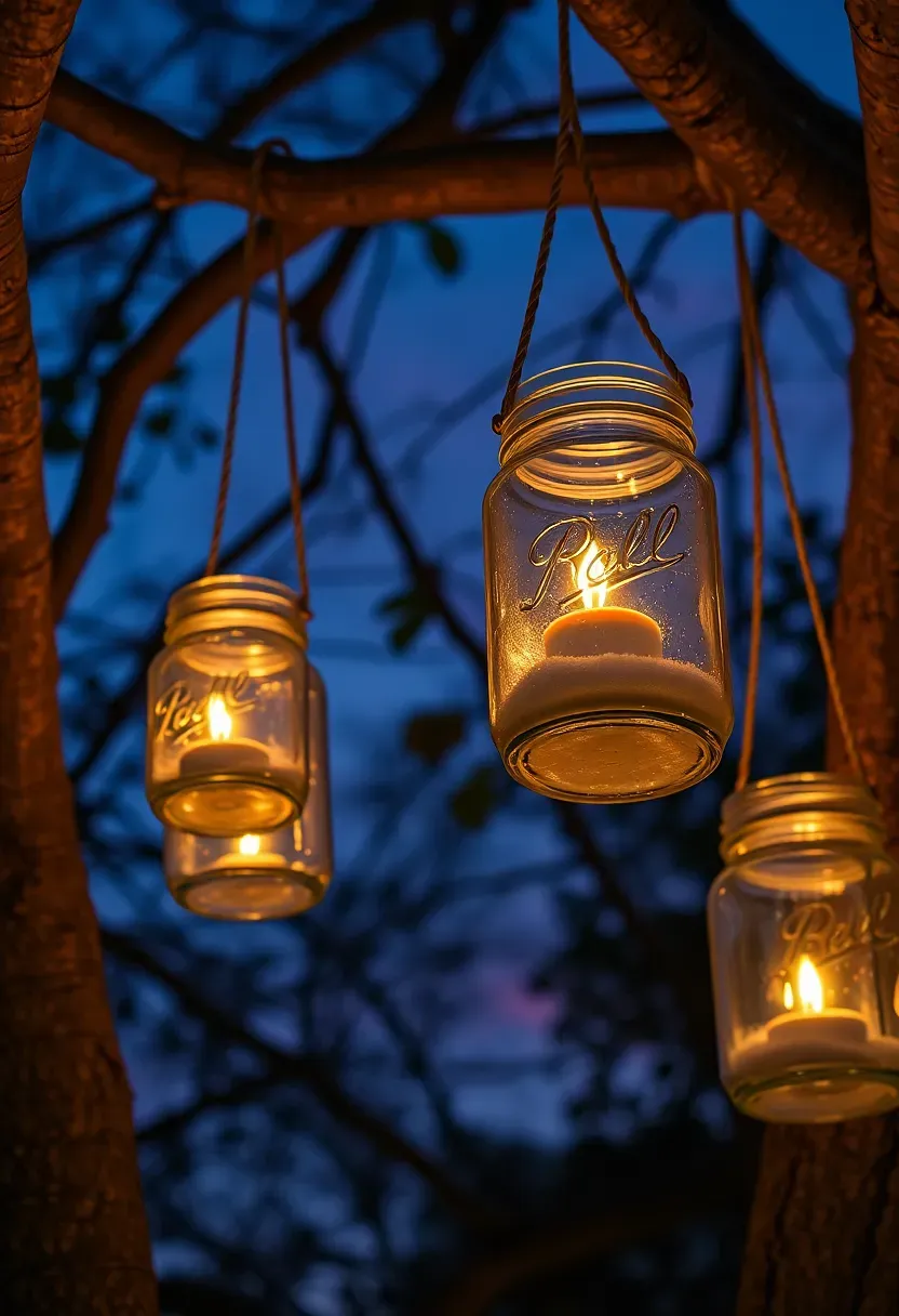 Mason jars with wire handles hanging from tree branches at different heights, each containing a small LED tea light candle, glowing warmly against a dusky evening sky