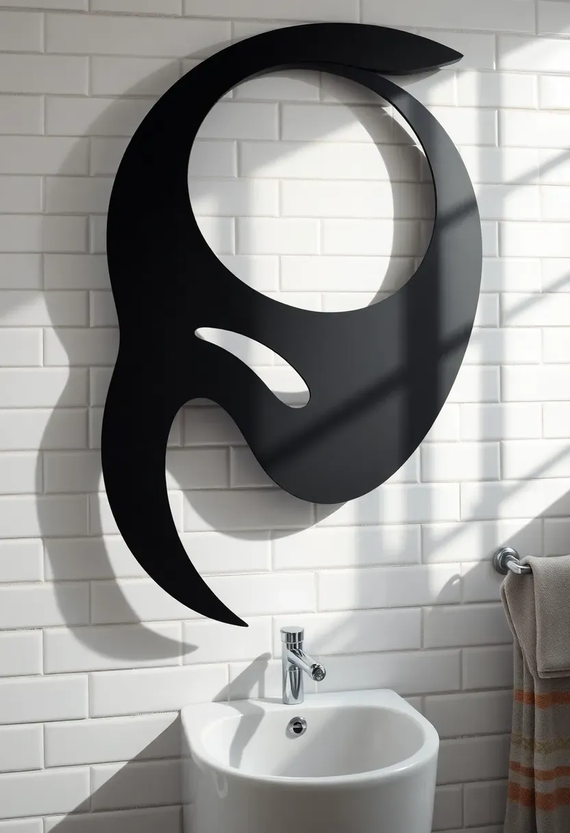 Abstract powder-coated steel wall sculpture in matte black with flowing organic curves on a white tiled bathroom wall