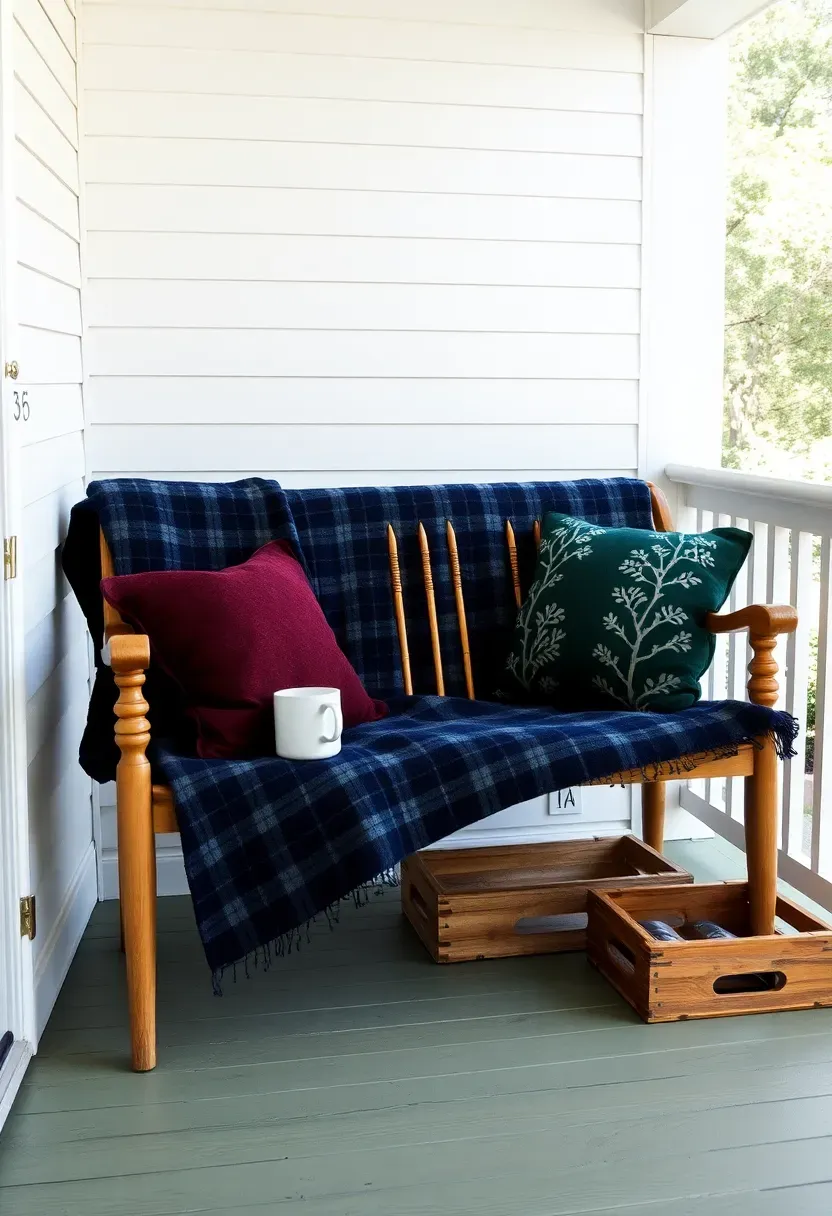 Hyper-realistic wide shot of a covered front porch featuring a wooden bench against the white clapboard wall. The spindle-back bench in natural wood finish is layered with a thick navy wool blanket with charcoal windowpane plaid pattern, plus two pillows in outdoor fabric—one in deep burgundy, one in forest green with cream tree motif. A small wooden crate beside the bench holds a mug and a book. Porch floor is painted wood in sage green. Soft morning daylight filters through surrounding trees. Visible brass door hardware and house numbers. No text, no logos, no watermarks.</p>