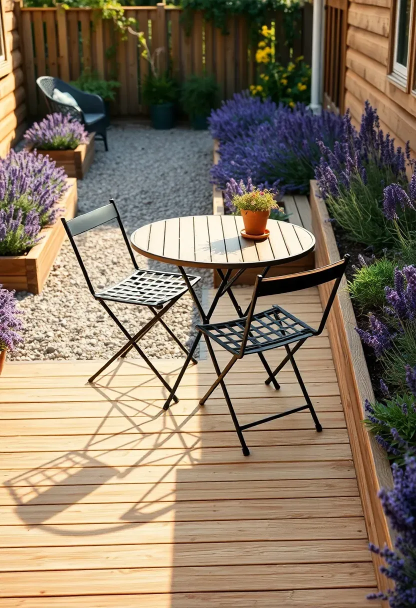 Small square deck platform just big enough for a bistro table and two chairs surrounded by garden beds and a gravel path