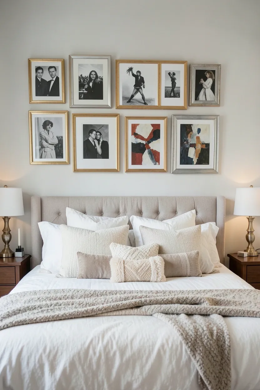Curated gallery wall of black-and-white botanical prints in thin gold frames above the bed in a sophisticated elegant bedroom