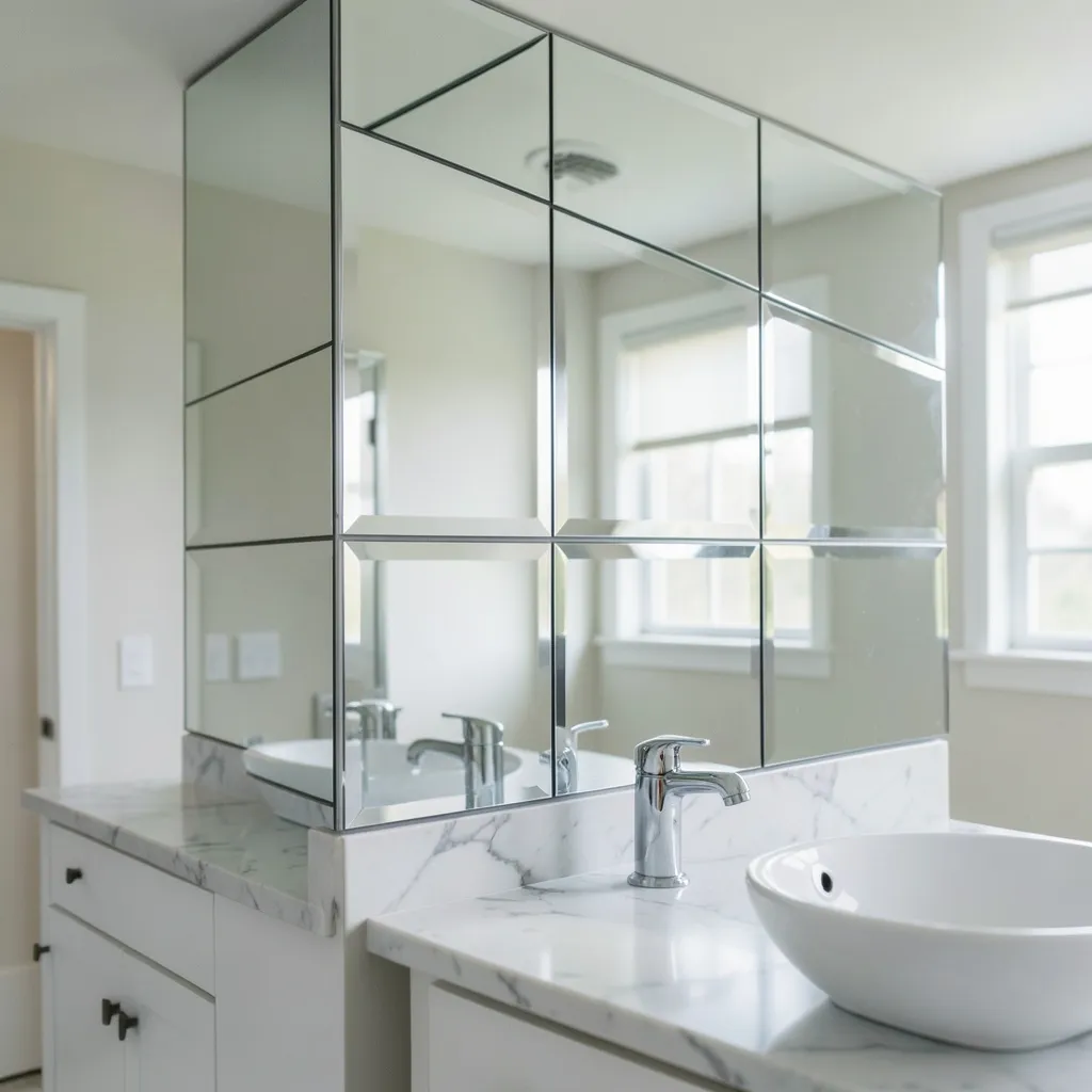 Six square mirror tiles arranged in 2x3 grid creating reflective wall