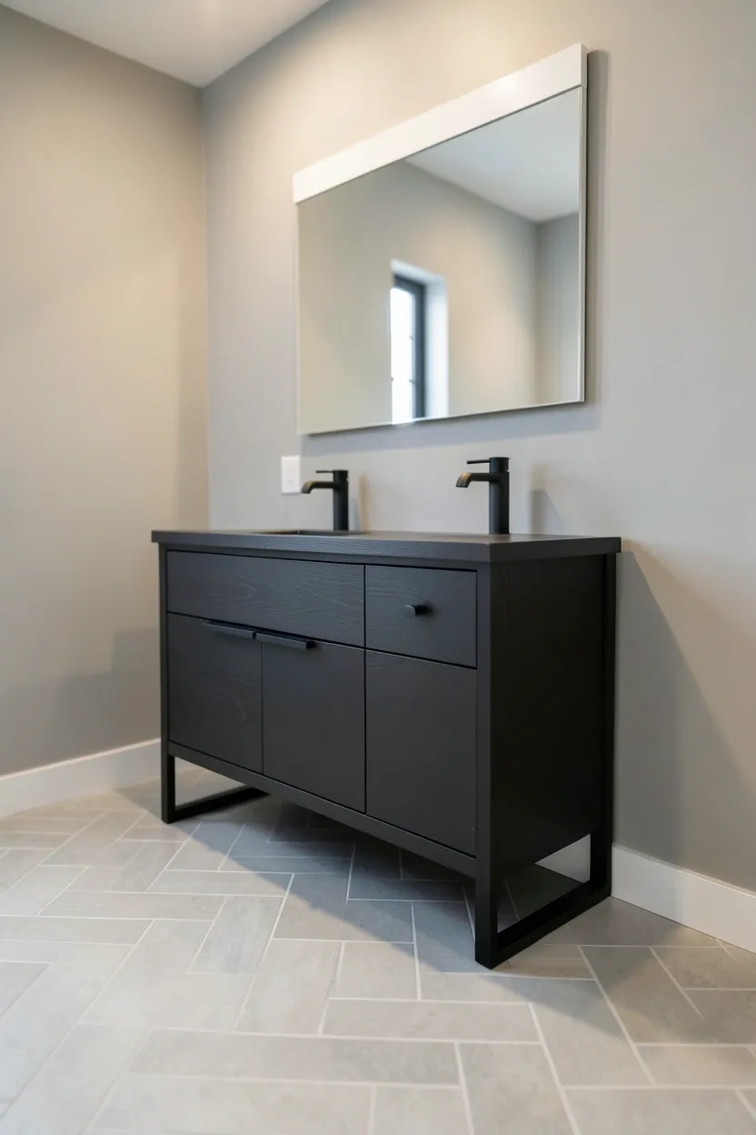 Light grey herringbone floor tiles contrasting with a dark charcoal vanity in a modern grey bathroom