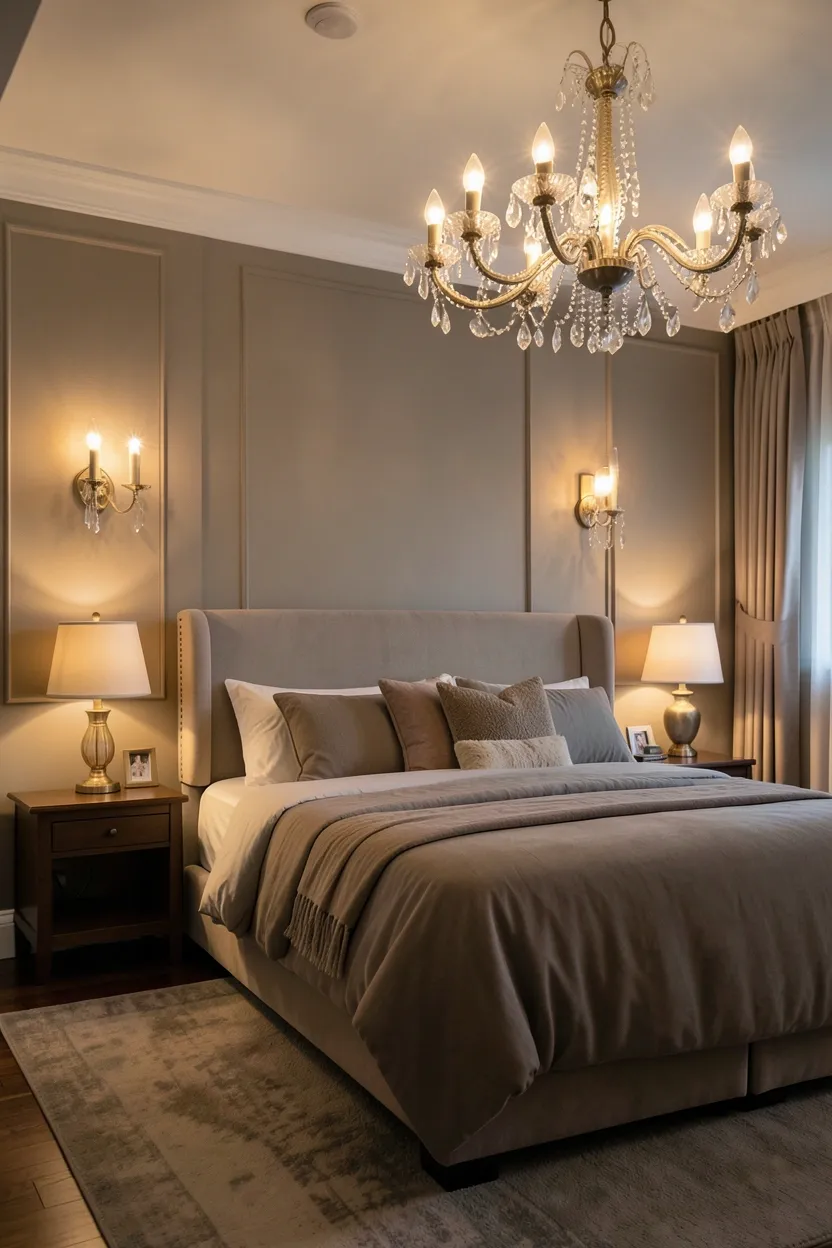 Dimmable wall sconces and bedside lamps set to a soft warm glow in a cozy elegant bedroom at evening ambiance
