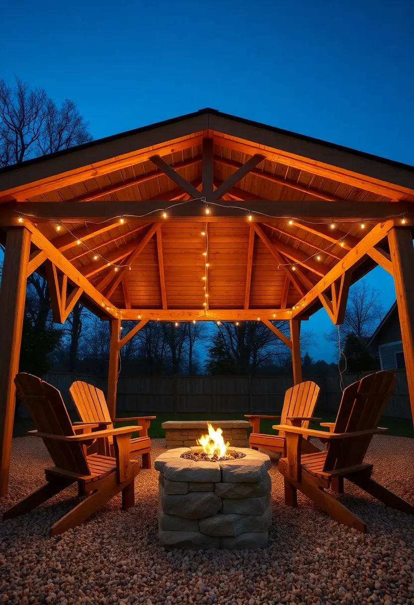 Freestanding wooden pavilion with hip roof and string lights over a gravel patio with Adirondack chairs around a fire pit