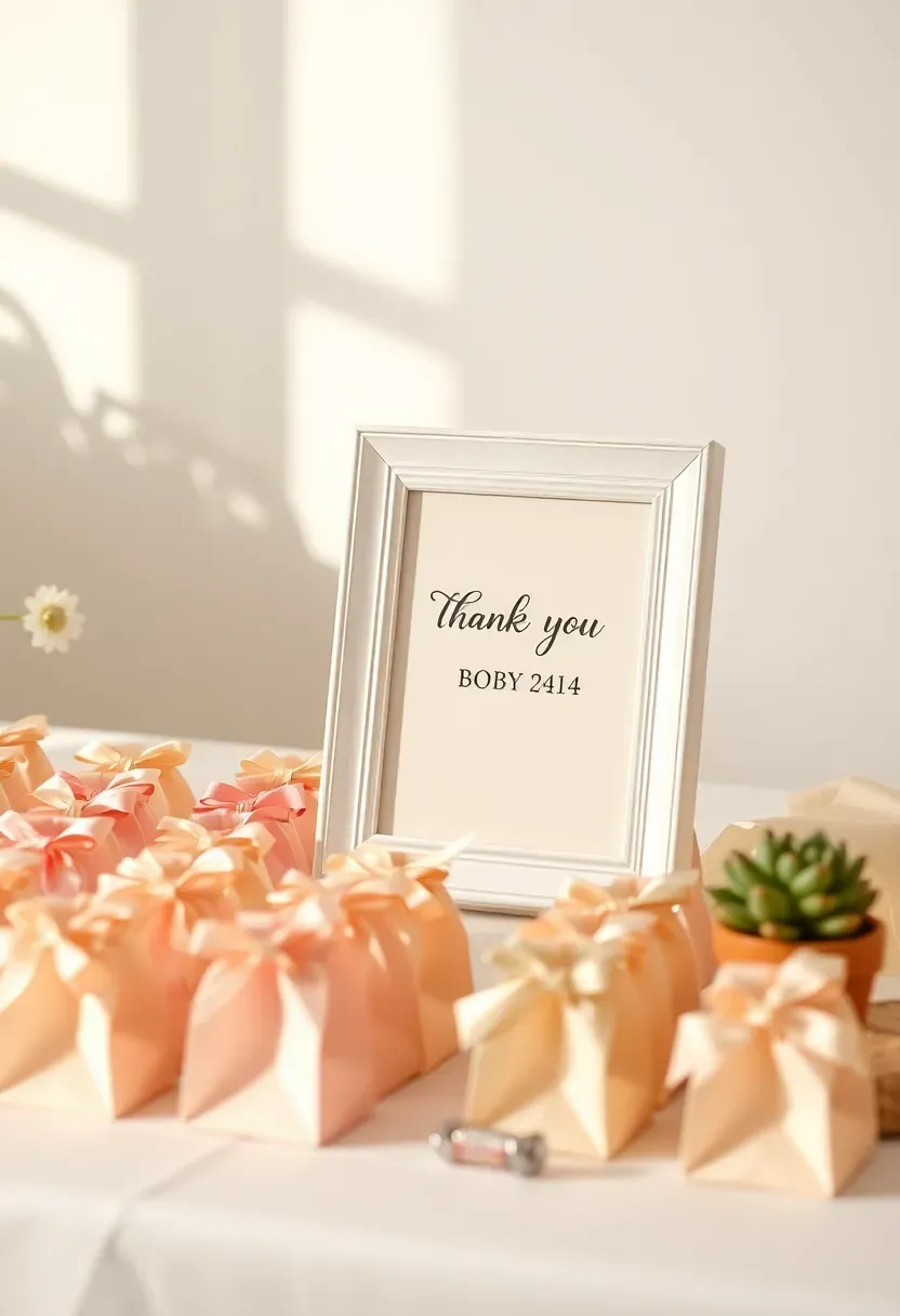 baby shower favor table thank you sign in a small white frame reading thank you for showering our little one with love beside neatly arranged gift bags with ribbon