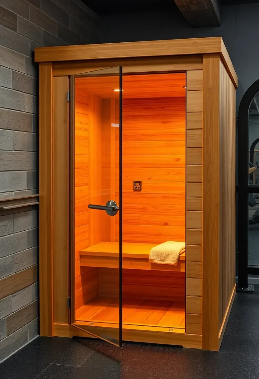 Small prefabricated infrared sauna cabin tucked into a finished basement corner next to the gym area with cedar interior visible through glass door