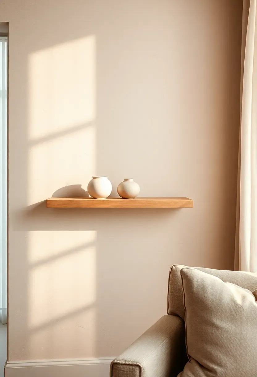 Living room wall finished in raw lime plaster with warm tonal variations and a simple floating shelf