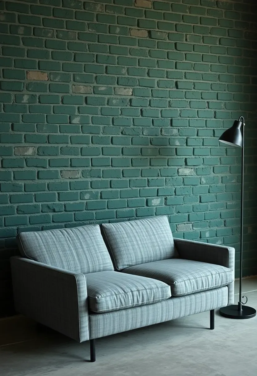 Hyper-realistic close-up view of exposed brick wall painted in deep forest green showing texture and mortar lines, with gray modern sofa and metal floor lamp in front. Materials: painted brick with visible texture and mortar joint depth, forest green paint with flat finish, concrete floor, gray linen upholstery, black metal lamp fixture. Side lighting emphasizing brick texture and shadow patterns created by mortar lines, visible room context showing full brick wall extending from floor to ceiling. Shallow depth of field with sharp brick detail, no text or logos.</p>