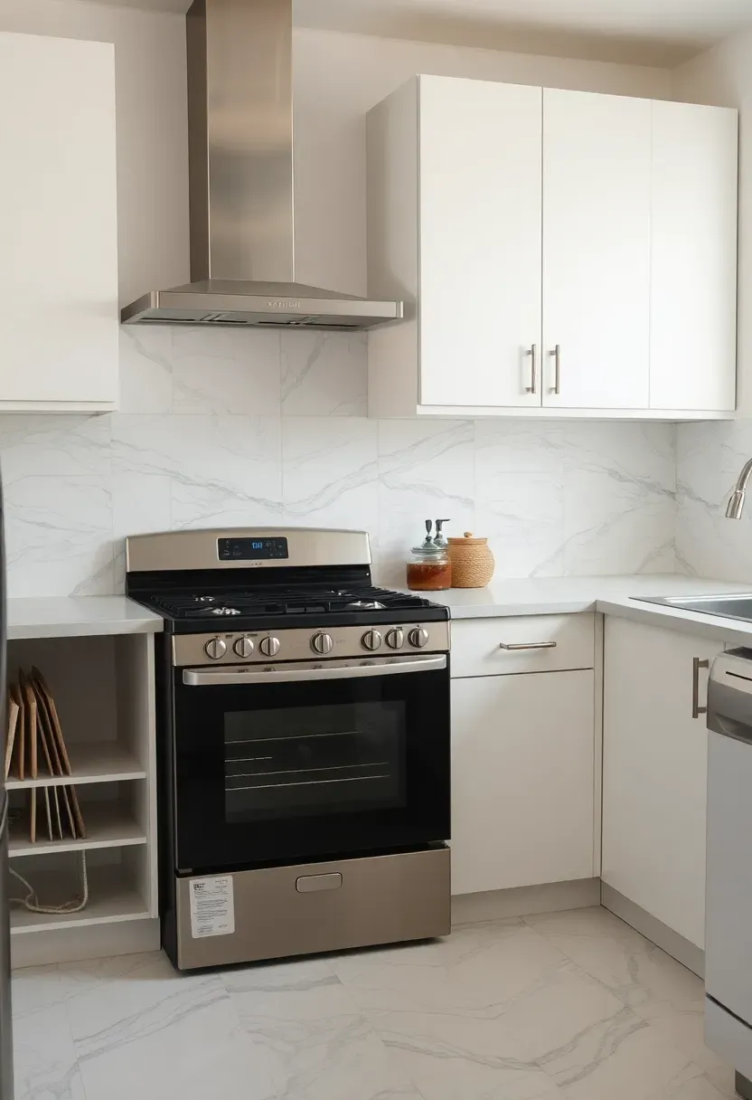 peel-and-stick removable backsplash tile behind stove in marble pattern for a renter-friendly kitchen update