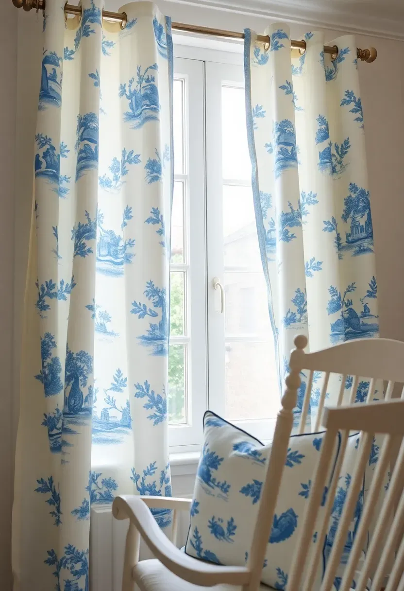 toile de jouy curtains in blue and white in nursery with matching pillow on rocking chair