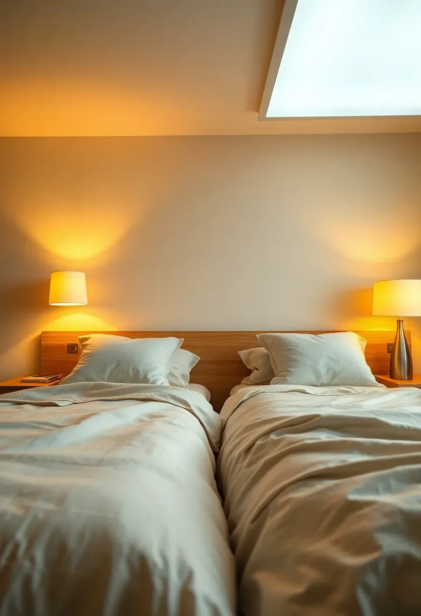 Serene bedroom with an architectural cove running the perimeter of the ceiling, filled with warm amber LED strip light that spills softly down textured walls without any visible fixtures