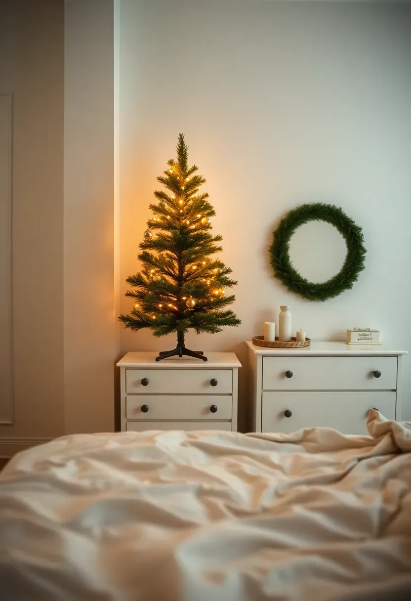 Hyper-realistic 3/4 view of cozy bedroom with small 3-foot fresh pine Christmas tree positioned on white dresser against far wall. Tree decorated with warm white string lights and minimal vintage ornaments. Tree visible from bed in foreground. Cream bedding, light wood floor, white walls. Mirror on dresser reflecting tree lights. Materials: fresh pine tree, vintage glass ornaments, warm LED lights. Soft ambient lighting, tree creating festive focal point without overwhelming space. Shallow depth of field, sharp details on tree ornaments. No text, no logos, no watermarks.</p>