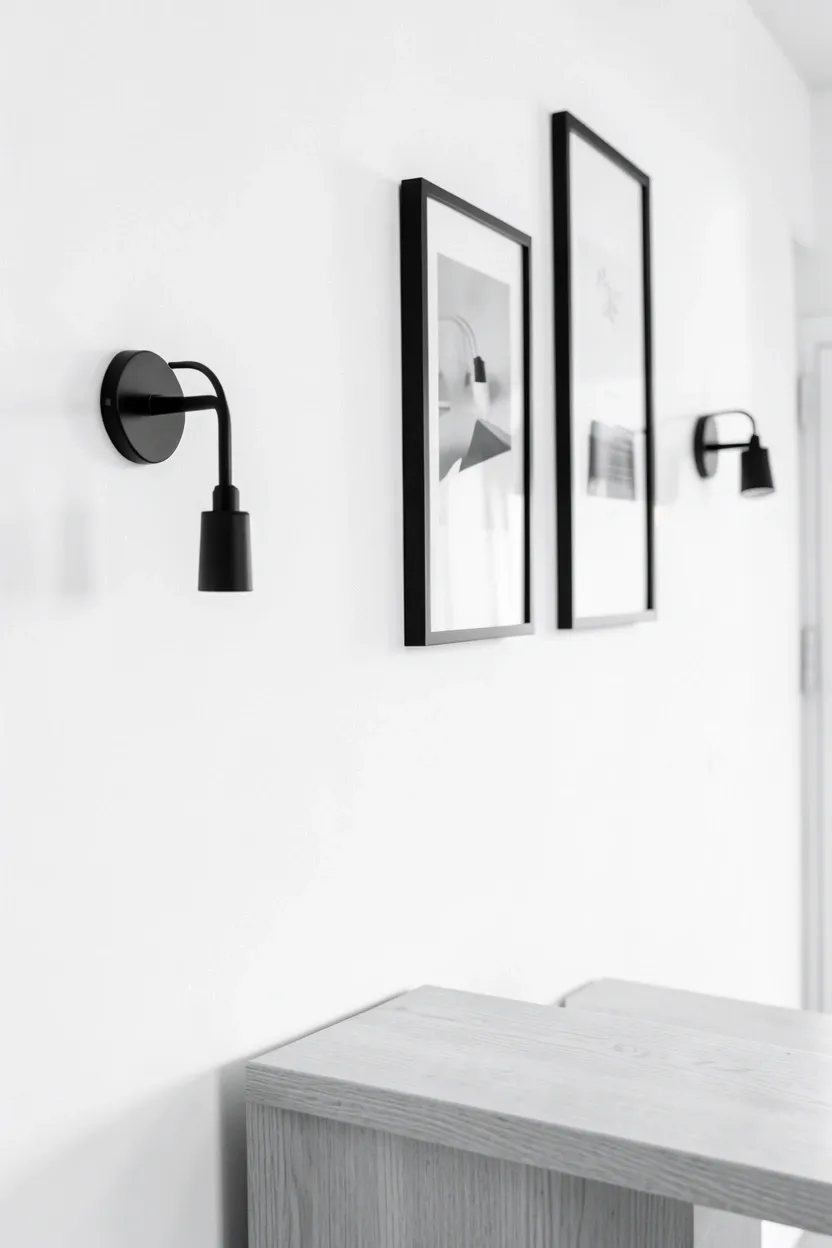 Matte black lamp base and picture frames providing graphic contrast against bright white walls in a minimal Nordic living room