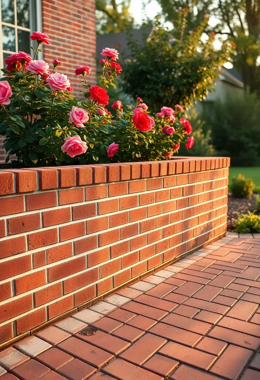 Red brick retaining wall with a soldier course cap holding a raised flower bed in a traditional backyard with a brick patio