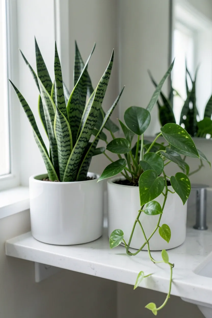 Lush fern and pothos plants on a floating shelf in a modern apartment bathroom, adding natural calm and organic green tones to white walls