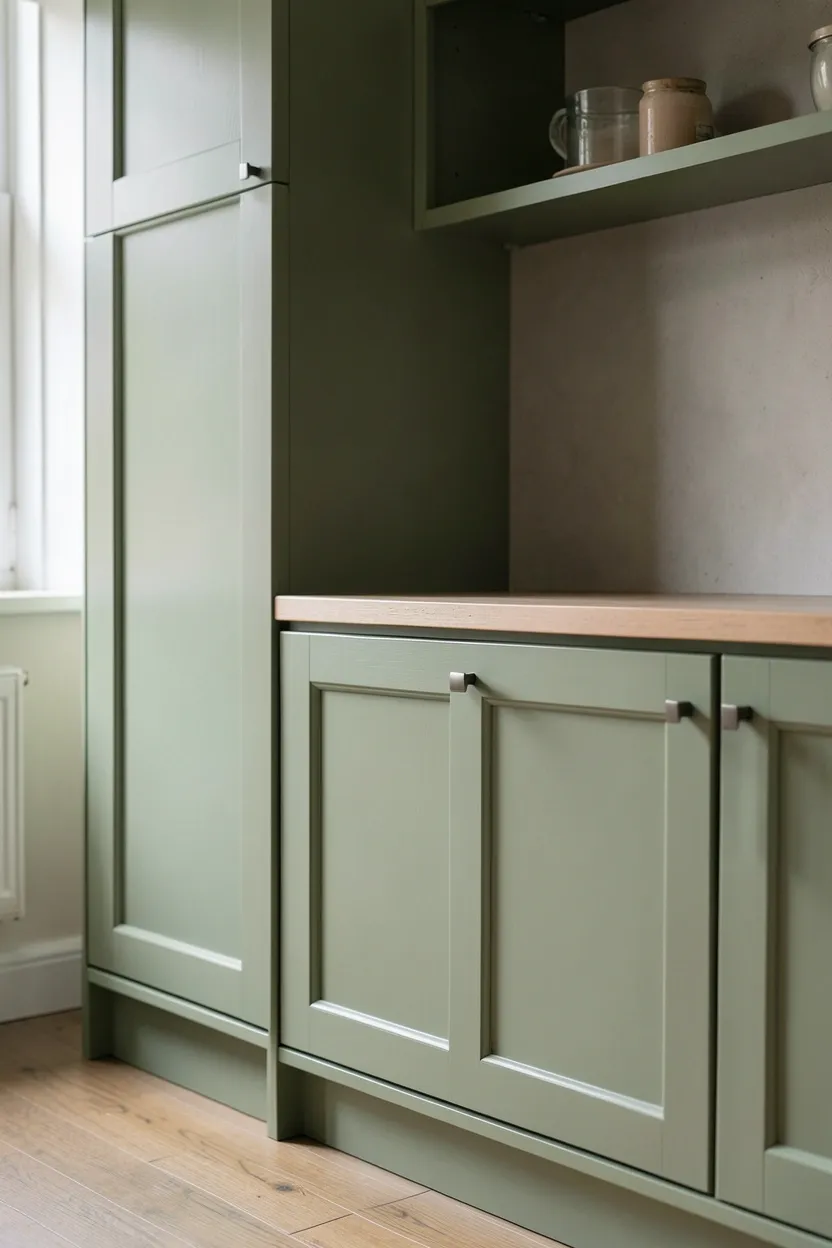 Sage green shaker cabinets with cream uppers in a vintage-style kitchen — classic American cabinetry with mid-century color palette