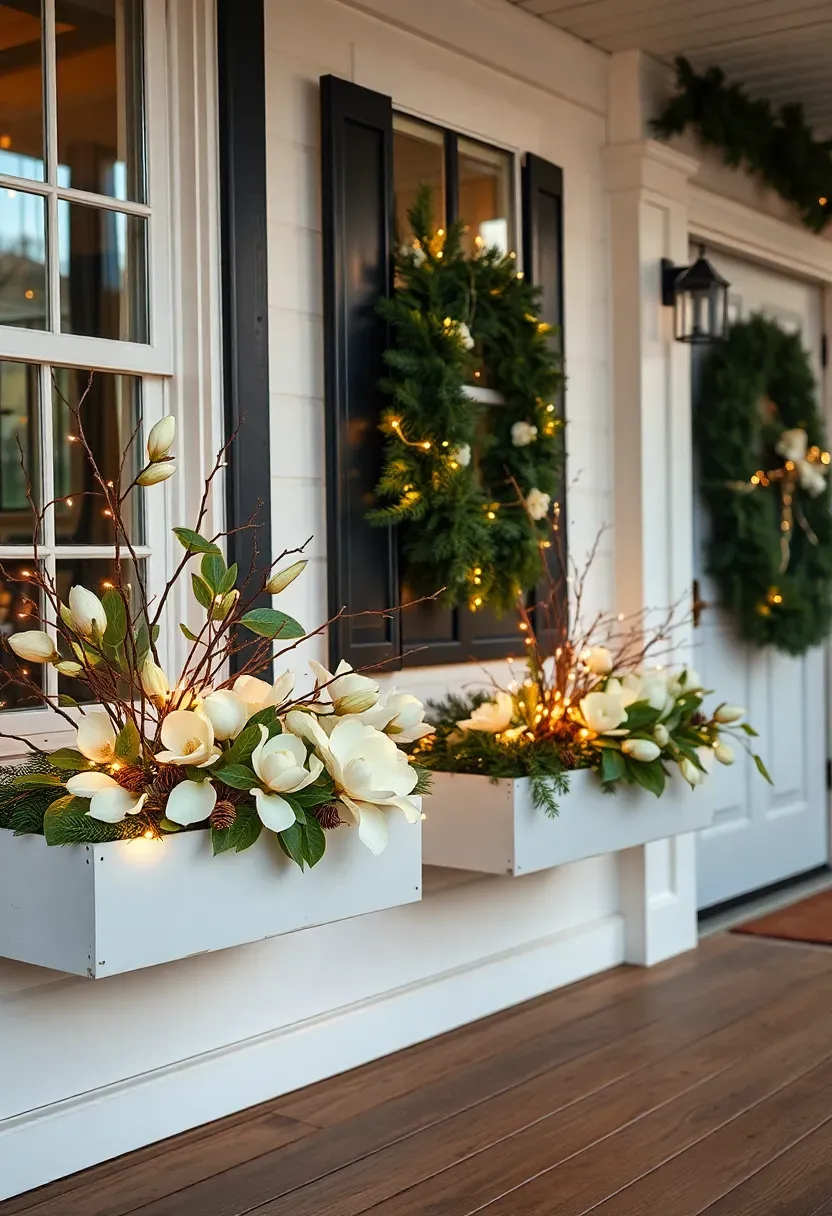 Hyper-realistic 3/4 view of a window box decorated front porch Christmas display. Materials: white wooden window boxes beneath two porch windows filled with fresh magnolia leaves, white birch branches, redtwig dogwood stems, pinecones, and warm white fairy lights woven throughout. Matching wreath on the front door, fresh pine swag above the door. Warm golden hour light (4000K), wood plank porch floor, white farmhouse exterior with black windows. Layered dimensional mood like cottage garden magazine. Shallow depth of field, sharp details on magnolia leaves and dogwood stems, multi-layered composition. No text, no logos, no watermarks.</p>