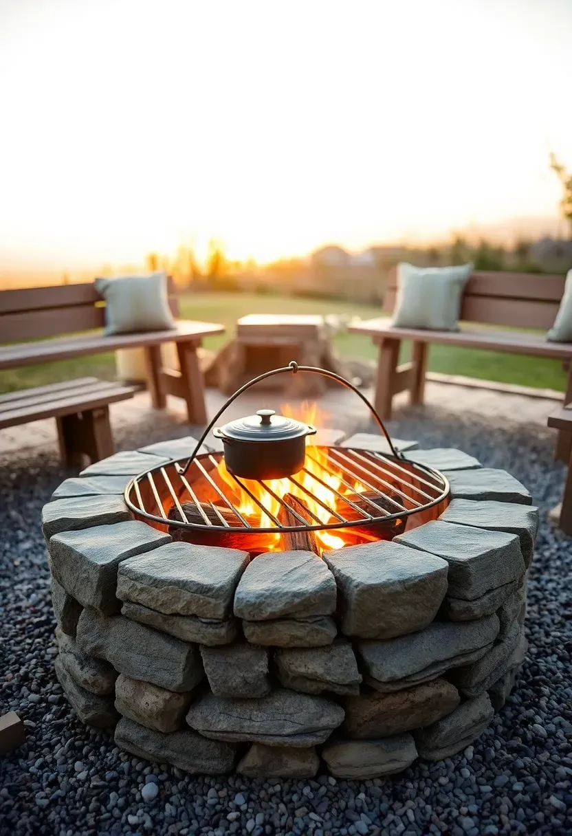 Hyper-realistic 3/4 view of a stone firepit with cooking grate showing a circular dry-stacked stone firepit with a swiveling steel grate arm extending over the fire, with a cast iron Dutch oven visible on the grate, surrounded by wooden benches with cushions. Materials: natural fieldstone fire ring, blackened steel cooking grate with swivel arm, cast iron Dutch oven, cedar wood benches with weather-resistant cushions, gravel surround. Sunset lighting with fire glow and cooking warmth, creating functional outdoor kitchen atmosphere. Visible cooking implements and preparation surface nearby. Entertaining-focused design. Shallow depth of field emphasizing firepit and cooking setup foreground with benches and yard context visible beyond. No text, no logos, no watermarks.</p>