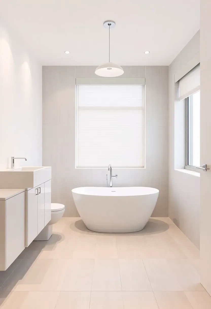 Minimalist small bathroom with white walls, floating vanity, and a single potted plant for a clean calm look