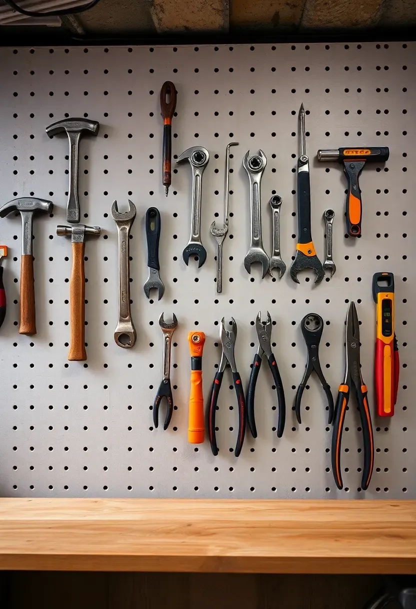 Pegboard wall covered with hanging tools, wrenches, screwdrivers, and measuring tapes in an organized basement workshop