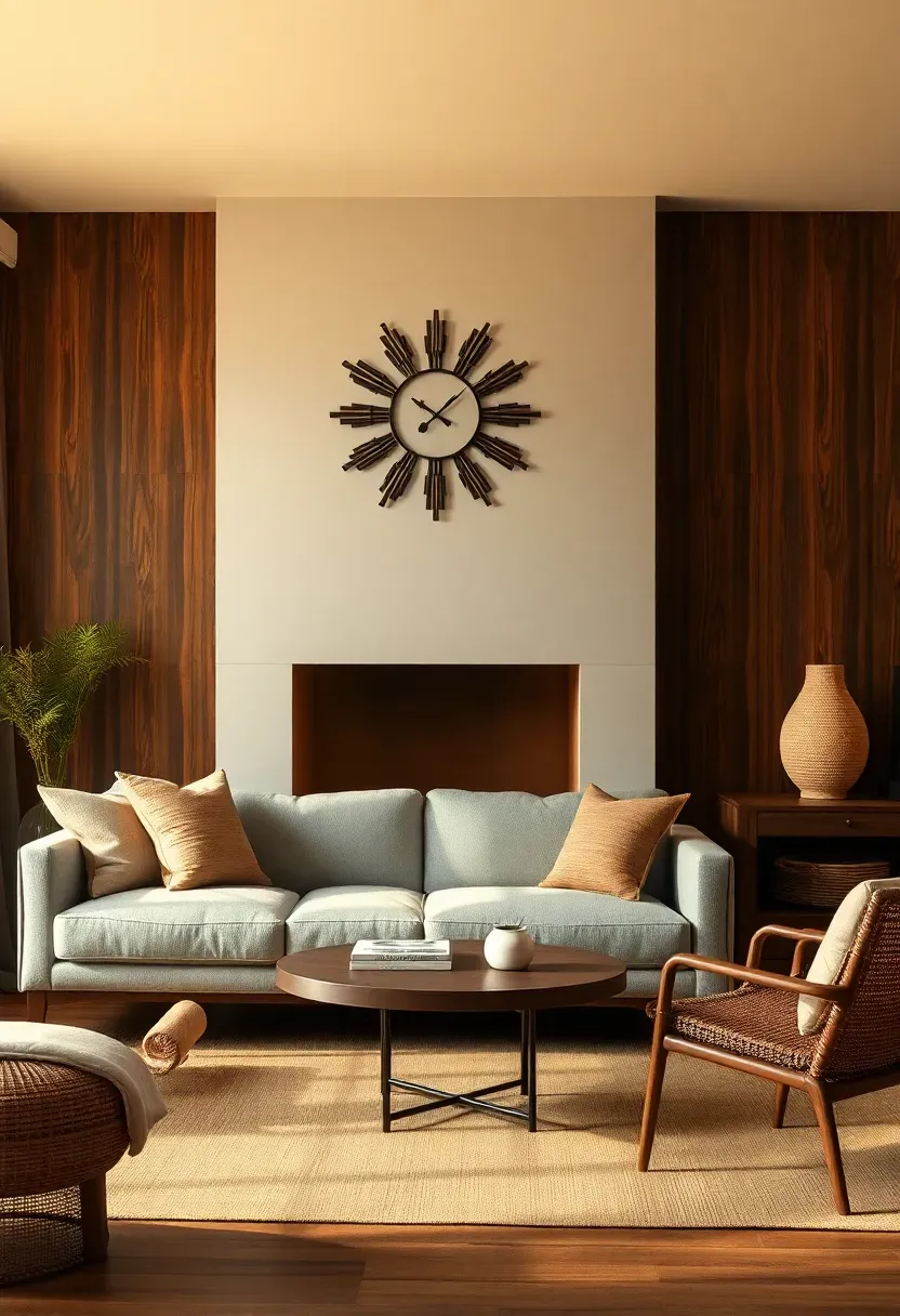 Sunburst clock above a low hearth and sofa wall