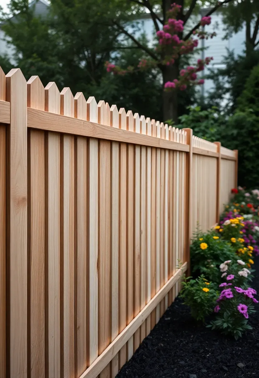 Cedar shadowbox fence showing alternating pickets visible from the side angle, with garden beds on both sides