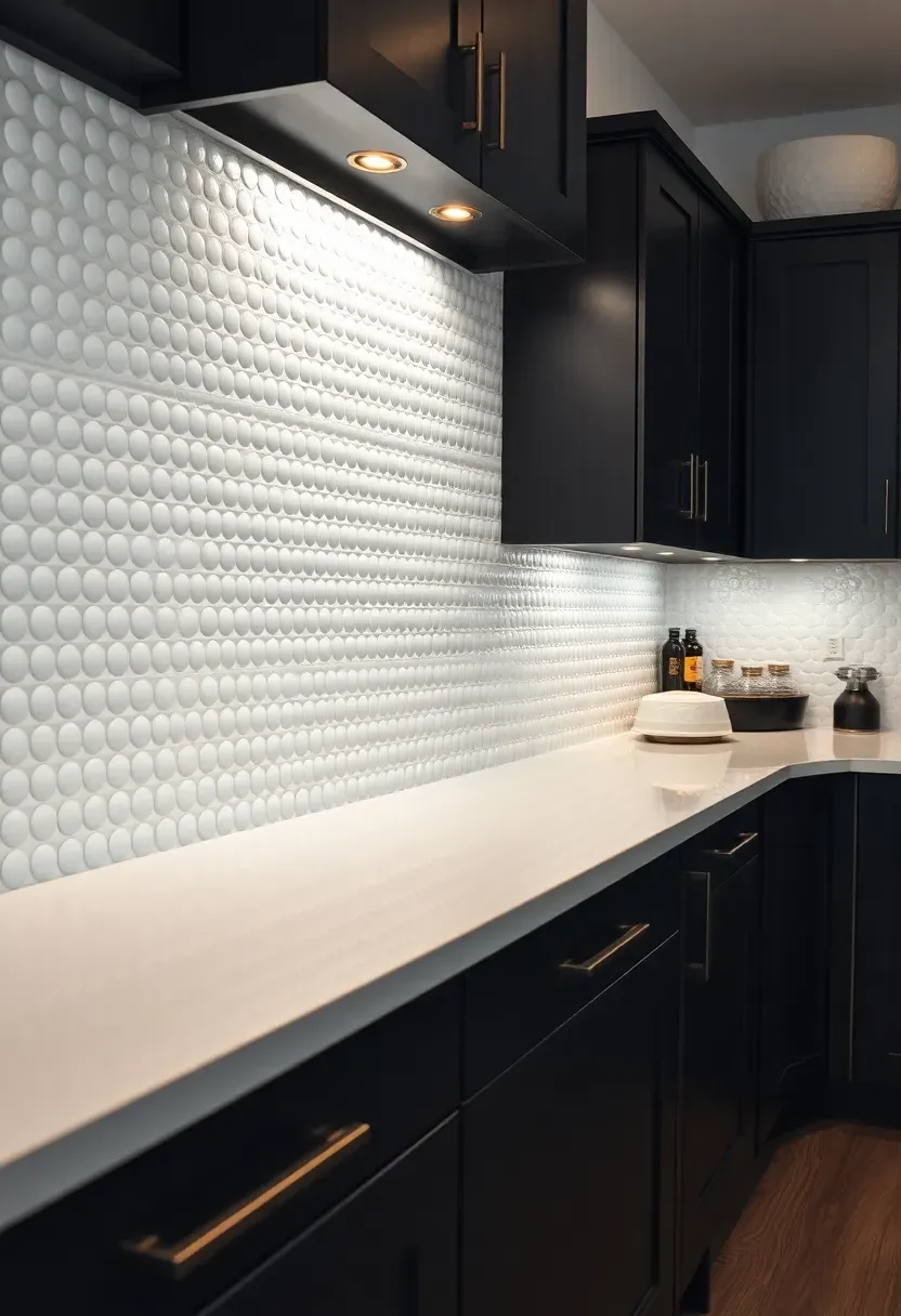 beaded white ceramic tile backsplash with dimensional raised bead texture in kitchen with dark cabinets and white countertops