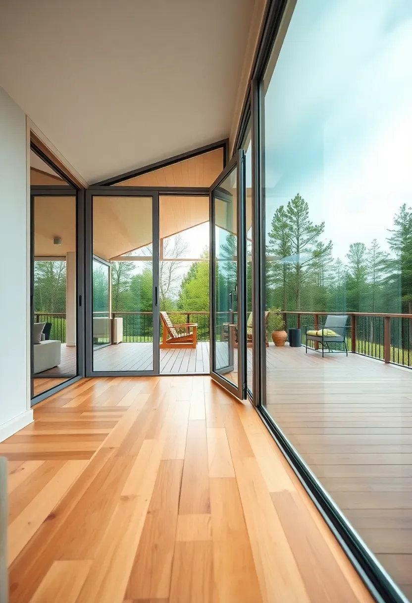 Hyper-realistic view of modern tiny house with folding glass wall system open to deck. Materials: aluminum-framed glass panels, light wood flooring continuing to deck, seamless transition between spaces. Bright natural daylight, slight overcast for even lighting. Contemporary design with panels folded back against wall. Wide composition showing flow between indoor and outdoor spaces. No text, no logos, architectural photography style.</p>