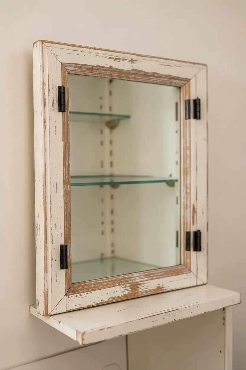 Distressed wood-framed vintage mirror with integrated medicine cabinet above a white farmhouse vanity