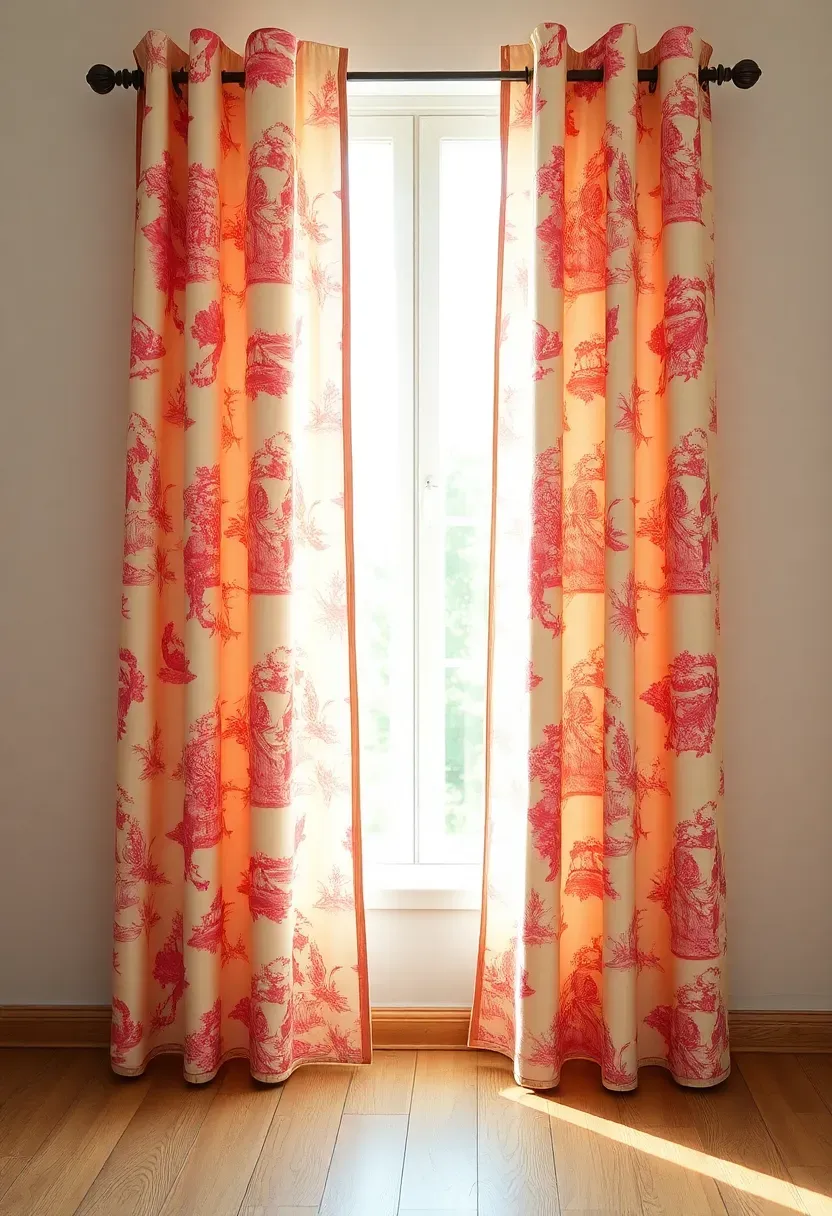 Floor-length pink toile de Jouy curtains with pastoral scenes framing a bright bedroom window
