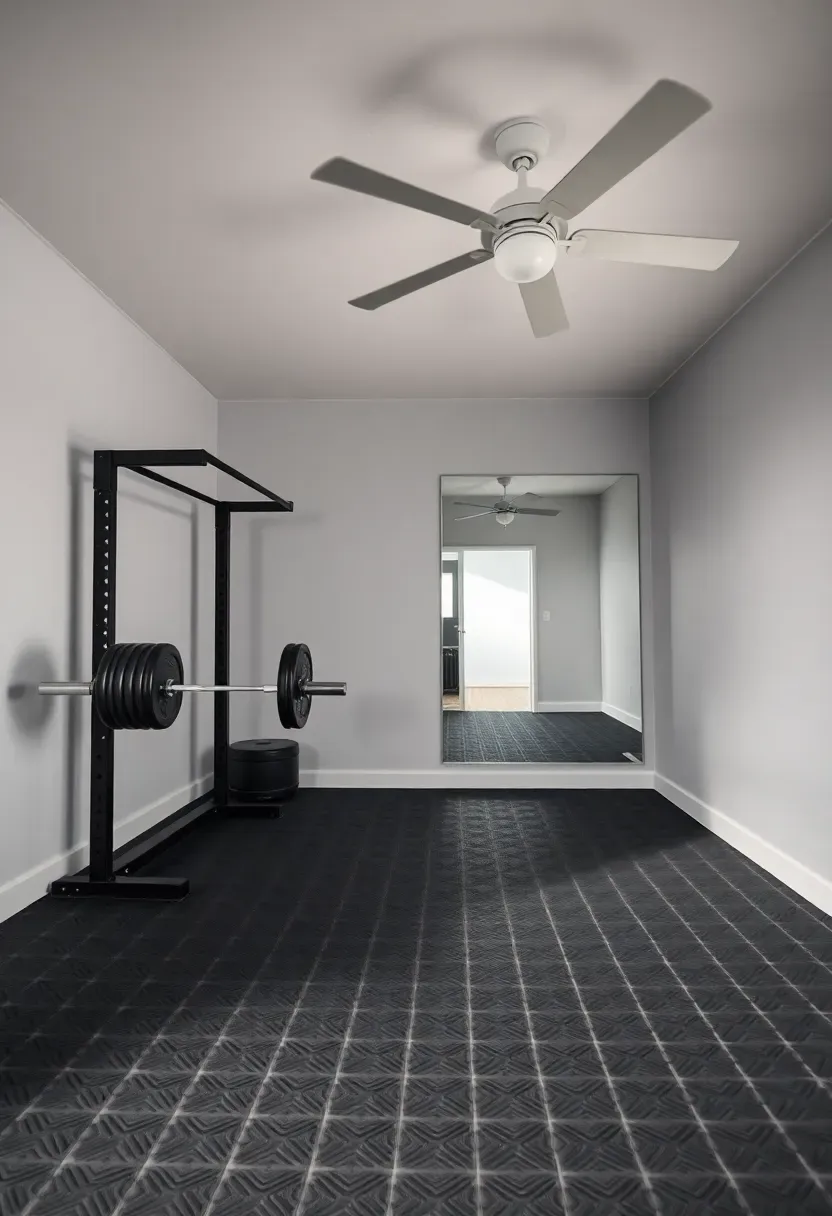 Attached garage with insulated home gym wing featuring rubber flooring, wall mirrors, and ceiling fan